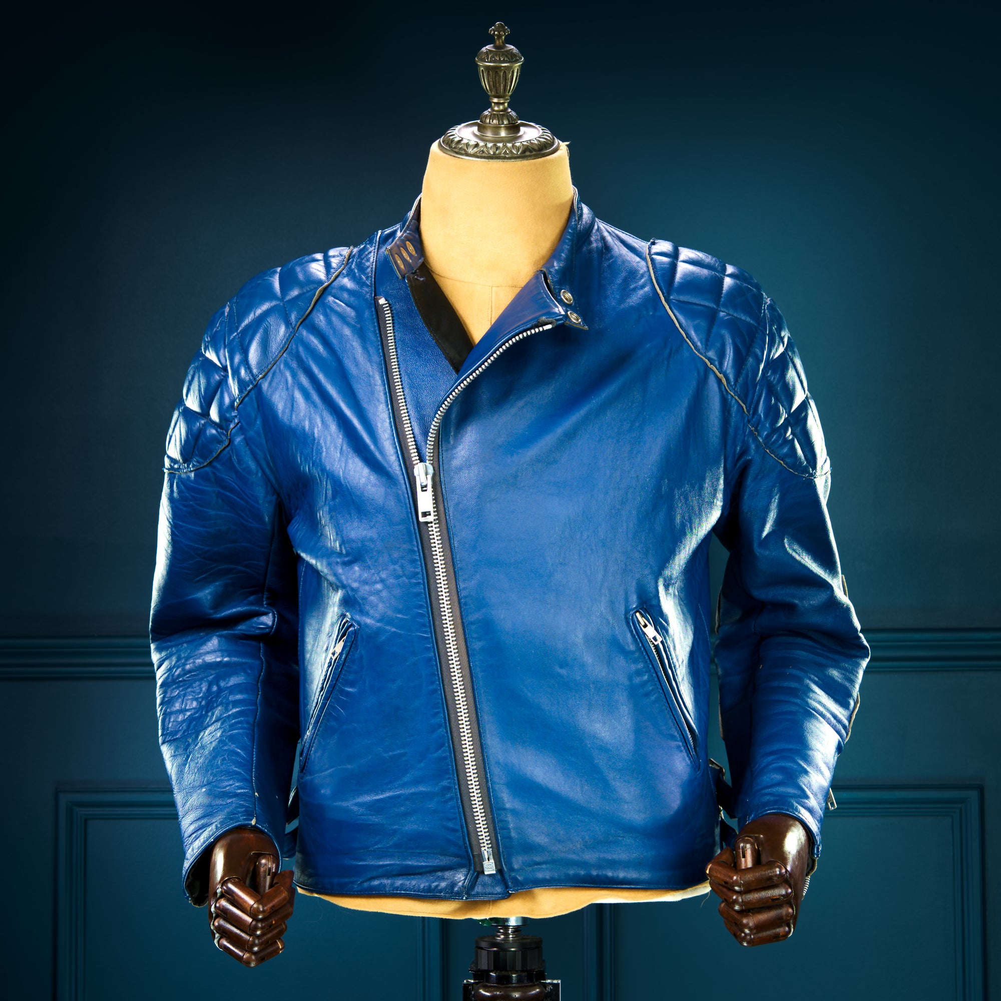 Vintage 1970s TT Leathers British Sheepskin Blue Racer Biker Leather Jacket “M”