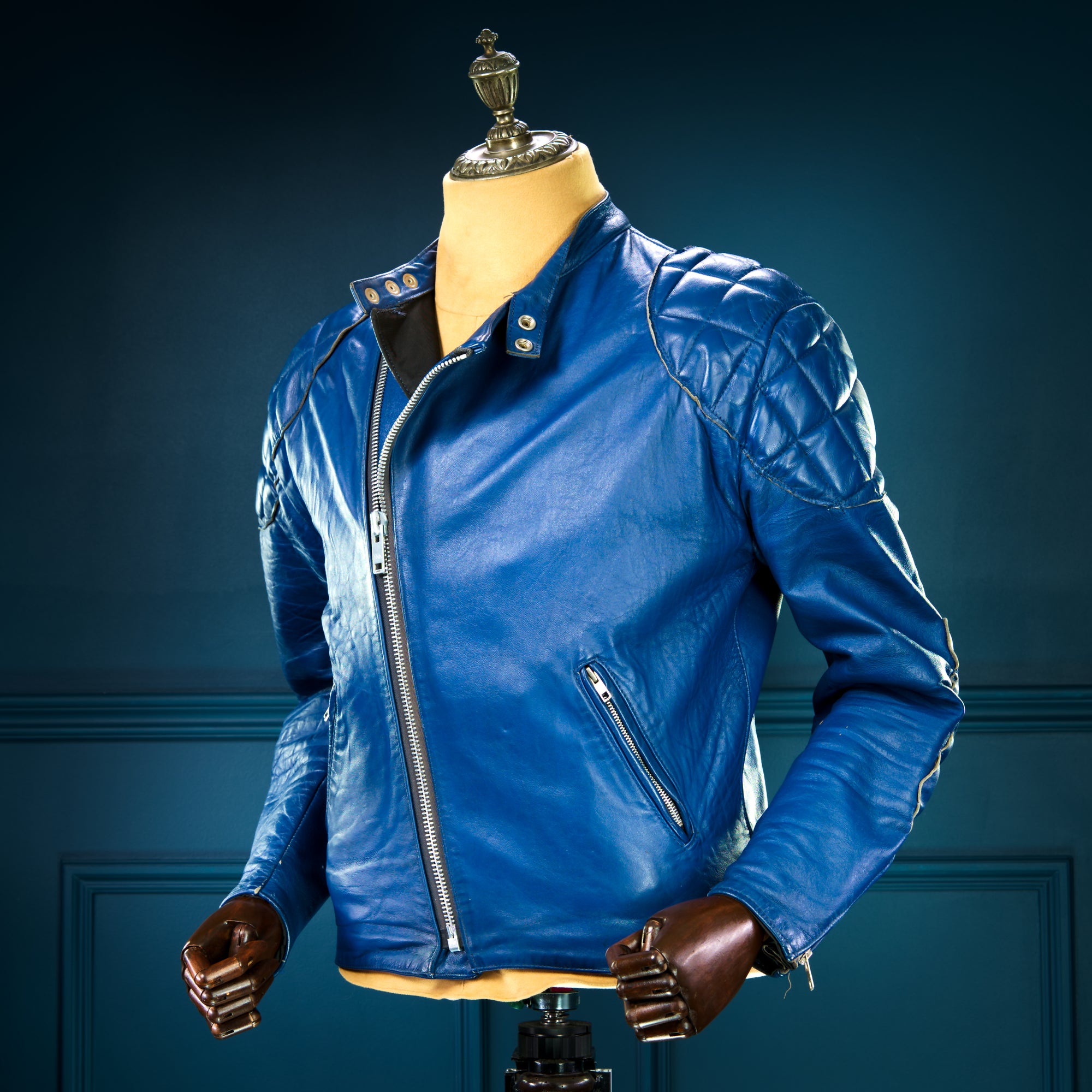 Vintage 1970s TT Leathers British Sheepskin Blue Racer Biker Leather Jacket “M”