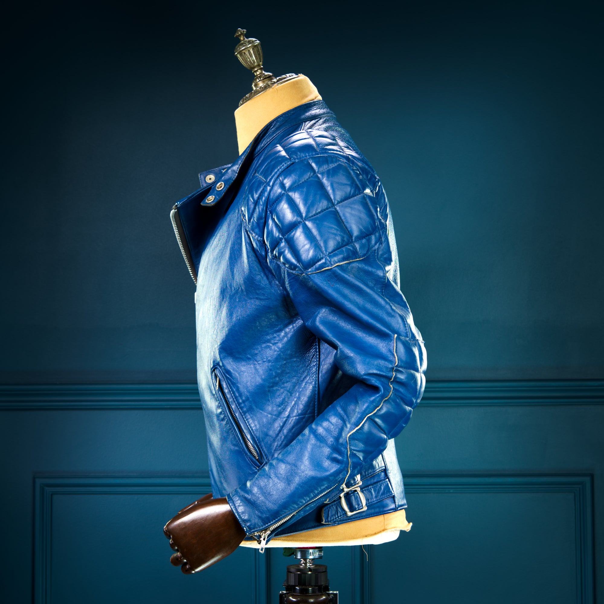 Vintage 1970s TT Leathers British Sheepskin Blue Racer Biker Leather Jacket “M”