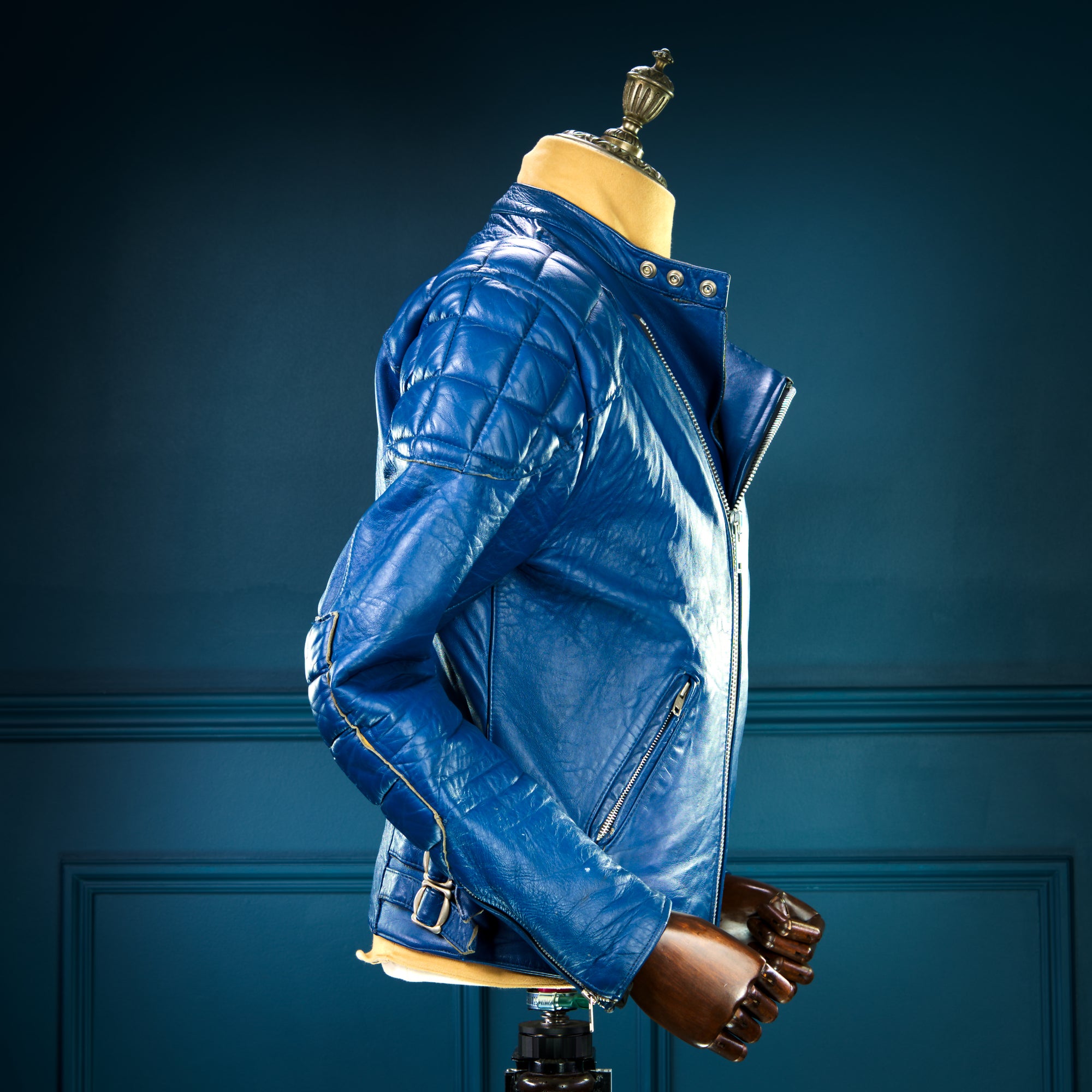 Vintage 1970s TT Leathers British Sheepskin Blue Racer Biker Leather Jacket “M”