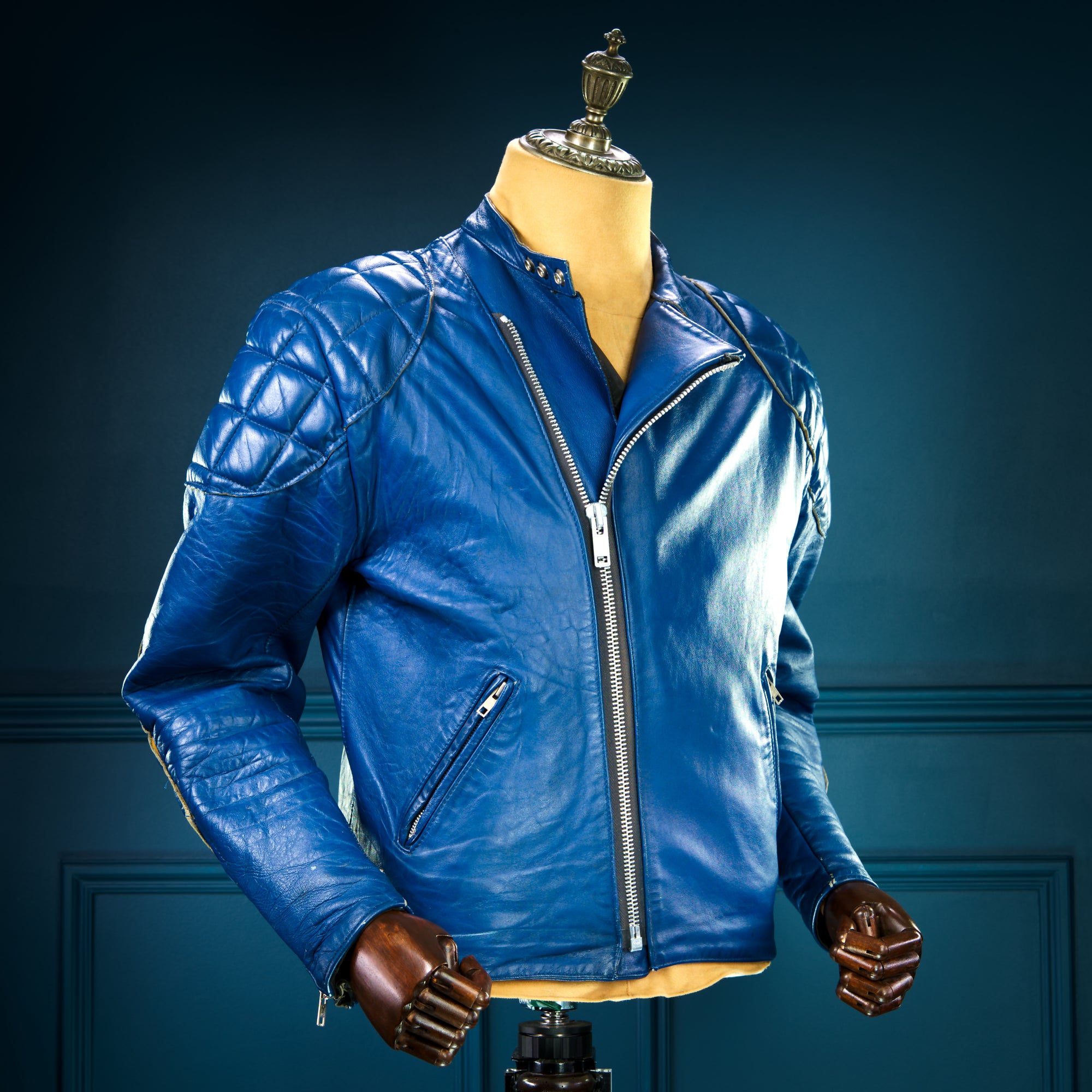 Vintage 1970s TT Leathers British Sheepskin Blue Racer Biker Leather Jacket “M”