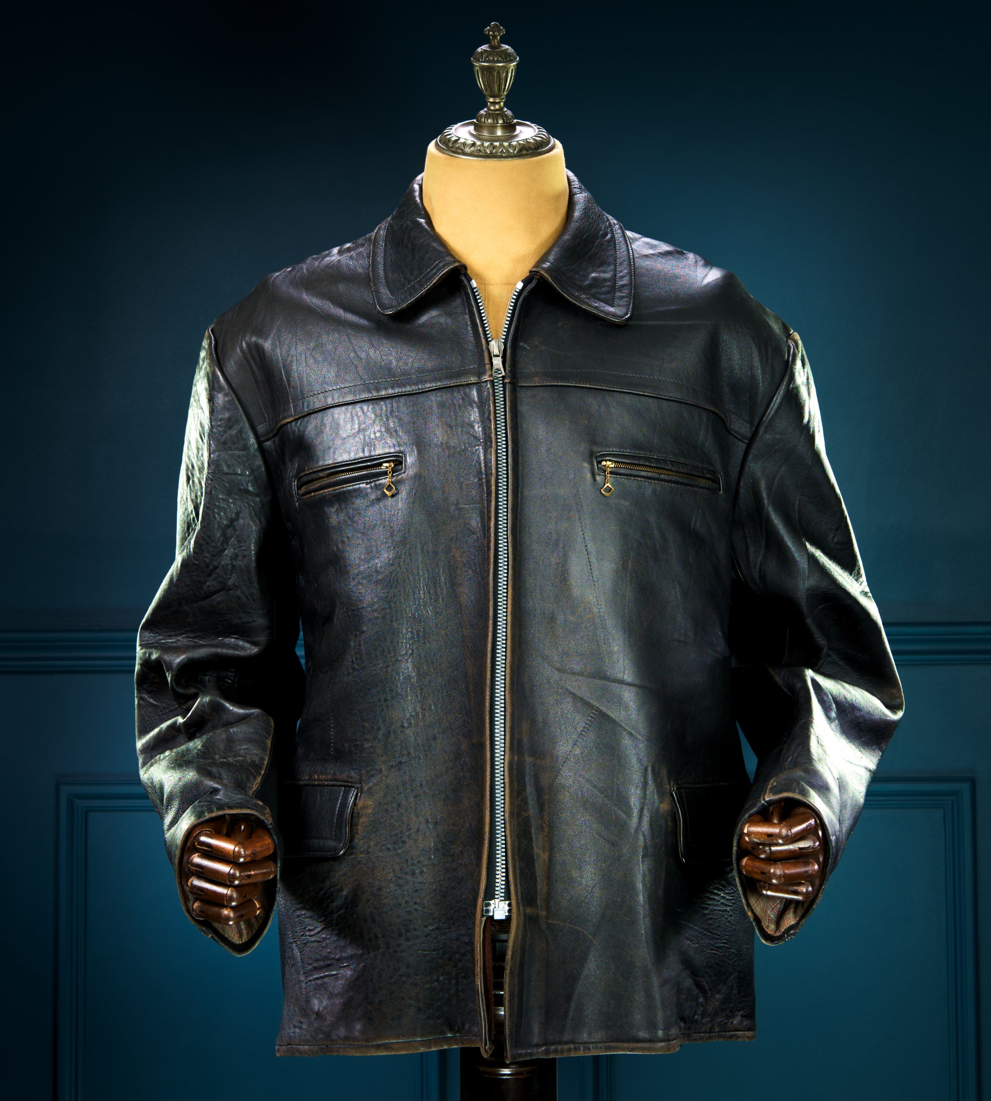 Vintage 1940s German Sheepskin Cold War Biker Worker Rider Leather Jacket “XL”