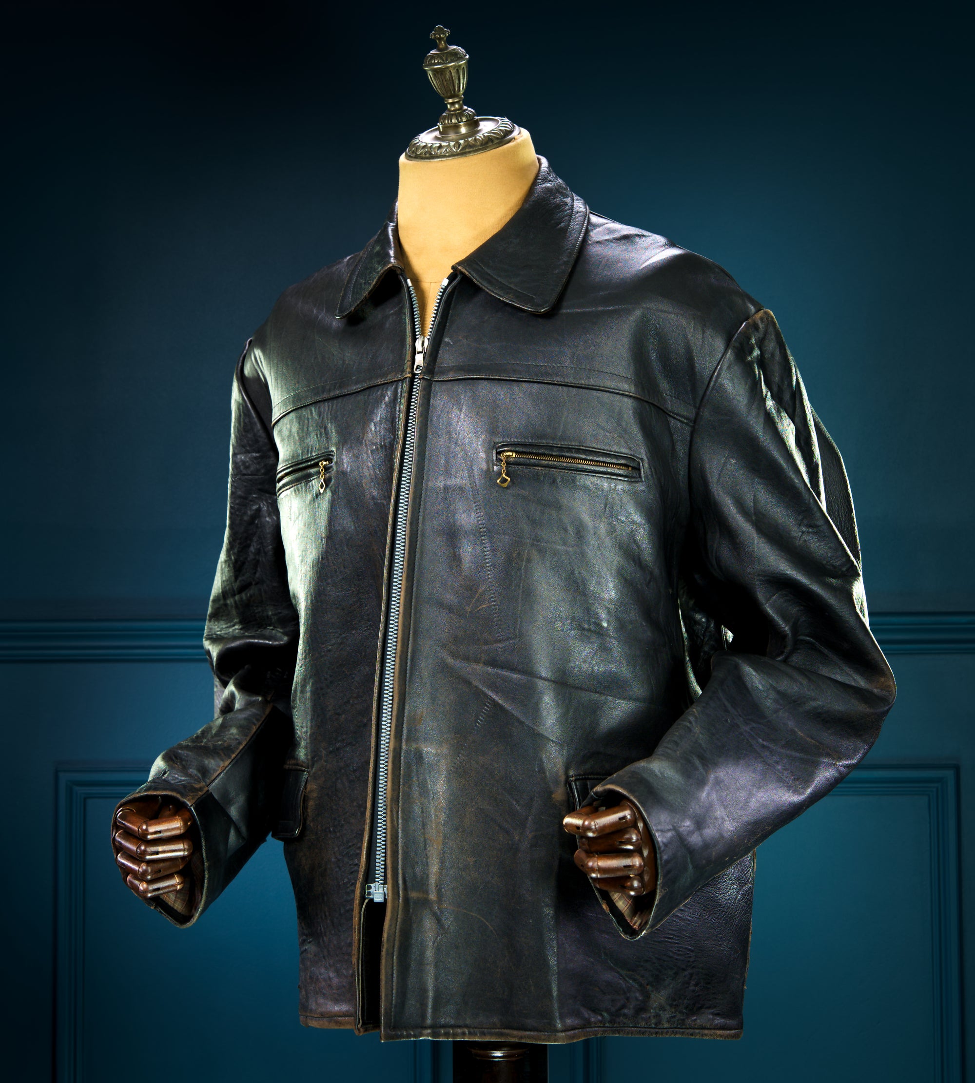 Vintage 1940s German Sheepskin Cold War Biker Worker Rider Leather Jacket “XL”