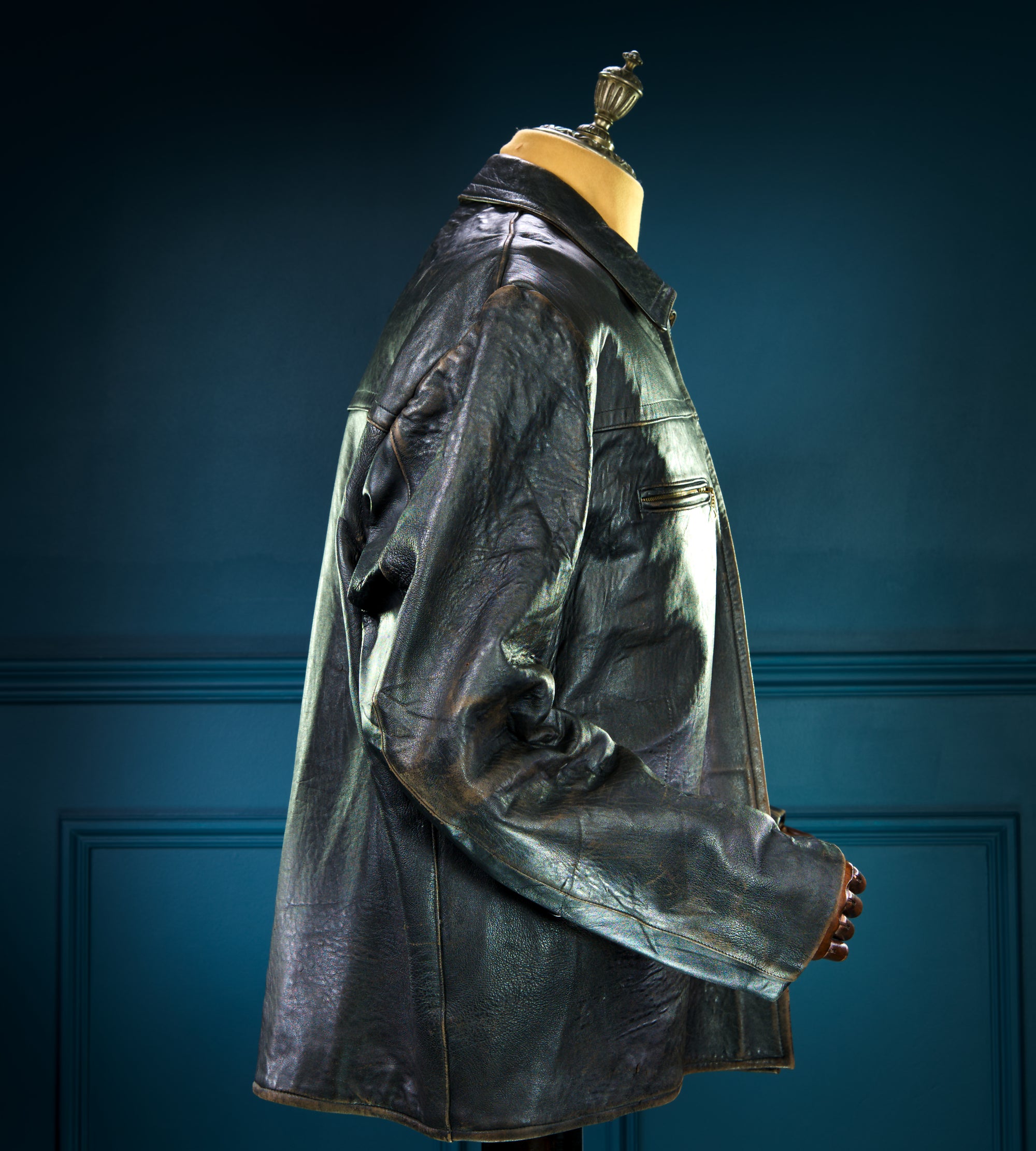 Vintage 1940s German Sheepskin Cold War Biker Worker Rider Leather Jacket “XL”