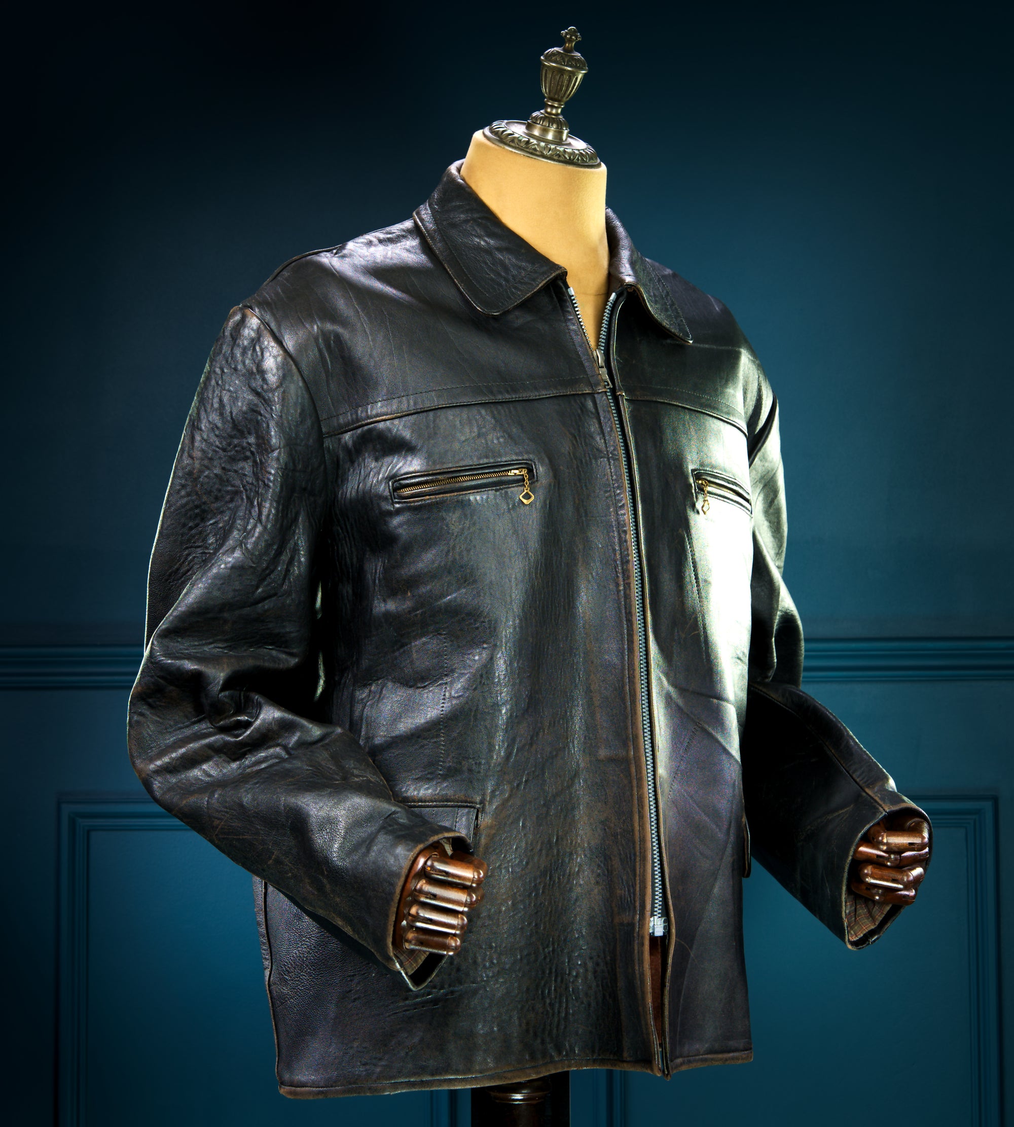 Vintage 1940s German Sheepskin Cold War Biker Worker Rider Leather Jacket “XL”