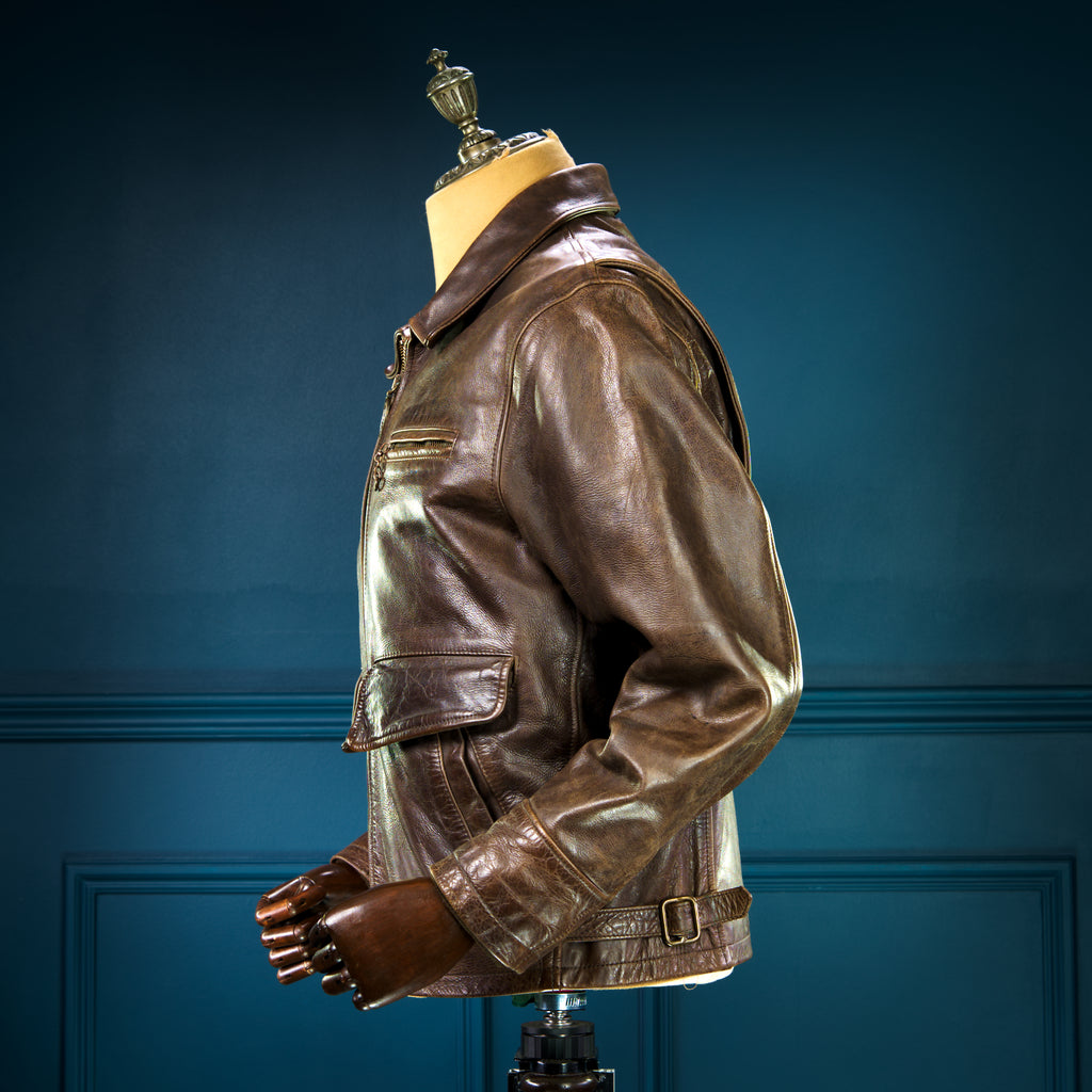 Custom Thedi 30s-Style Highwayman Single Rider Brown Buffalo Leather Jacket “L”