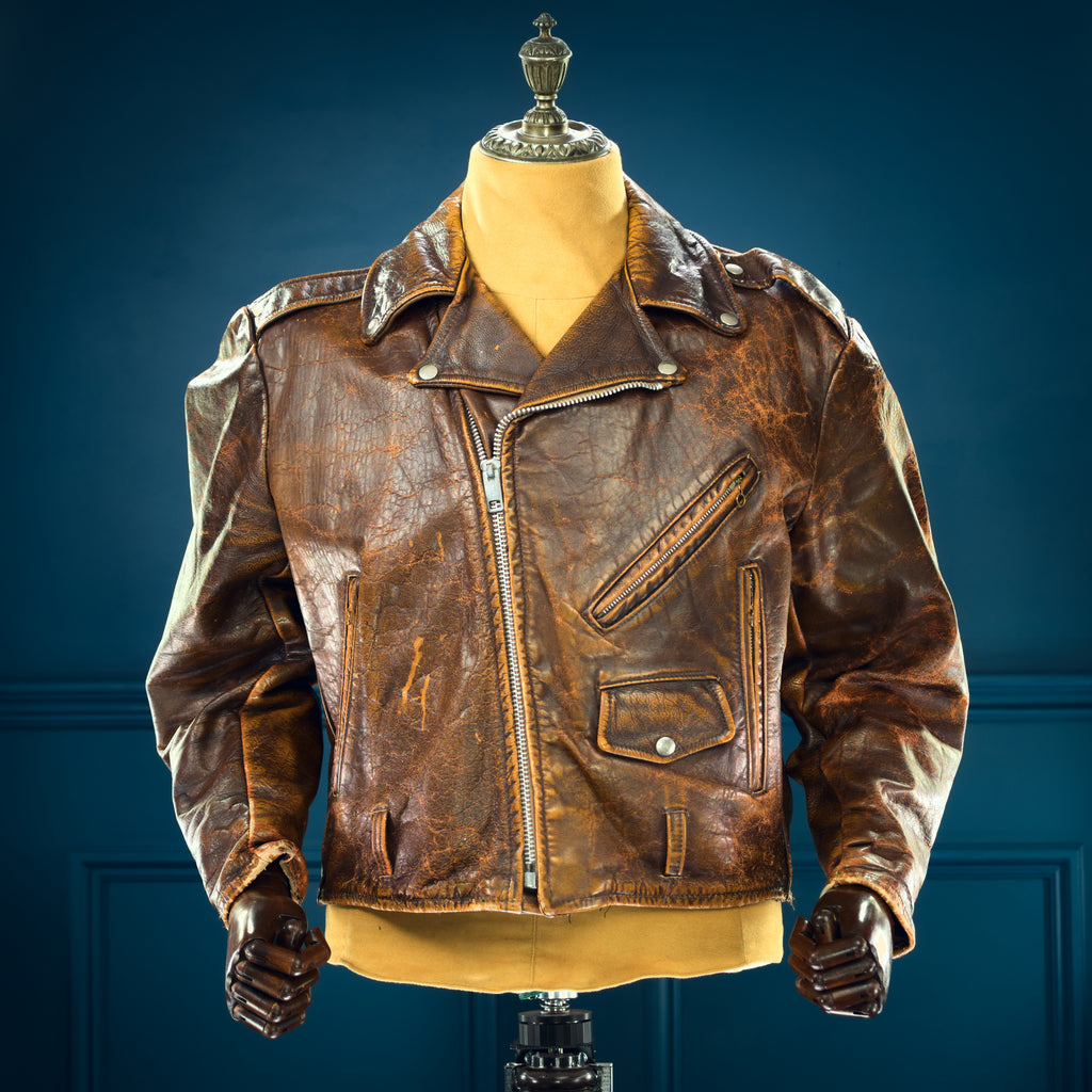 Vintage 1960s American Brown Steerhide Distressed Biker Rider Leather Jacket “L”