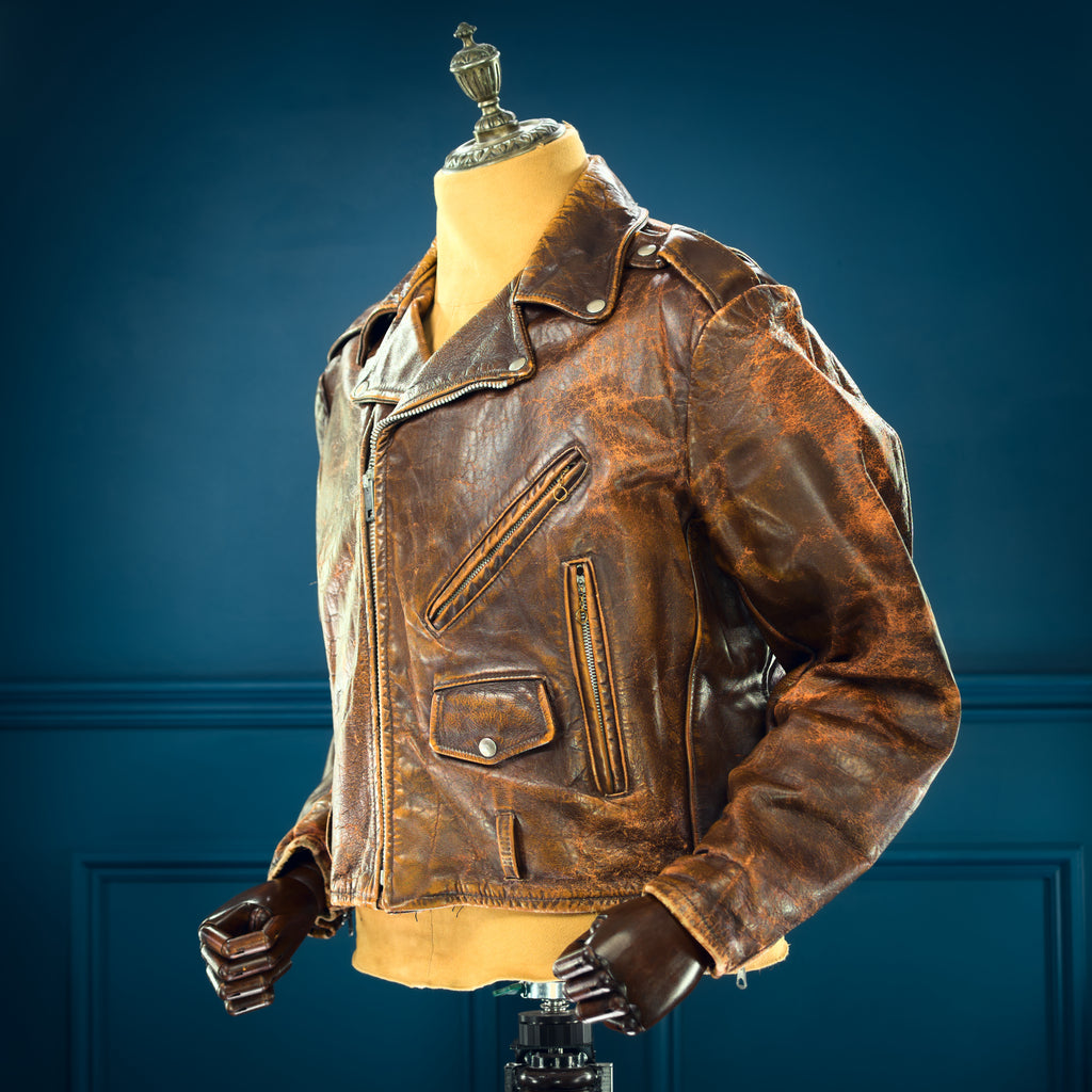 Vintage 1960s American Brown Steerhide Distressed Biker Rider Leather Jacket “L”