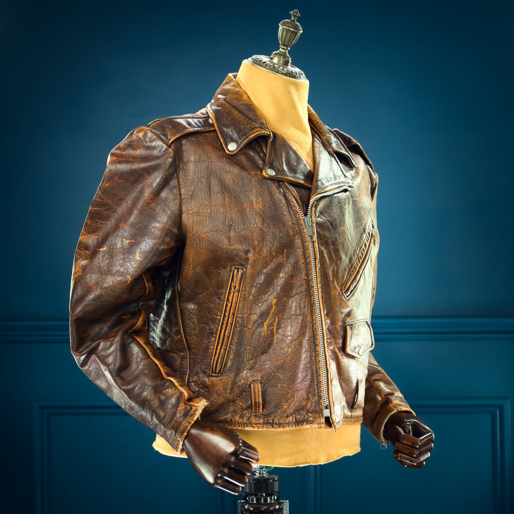 Vintage 1960s American Brown Steerhide Distressed Biker Rider Leather Jacket “L”