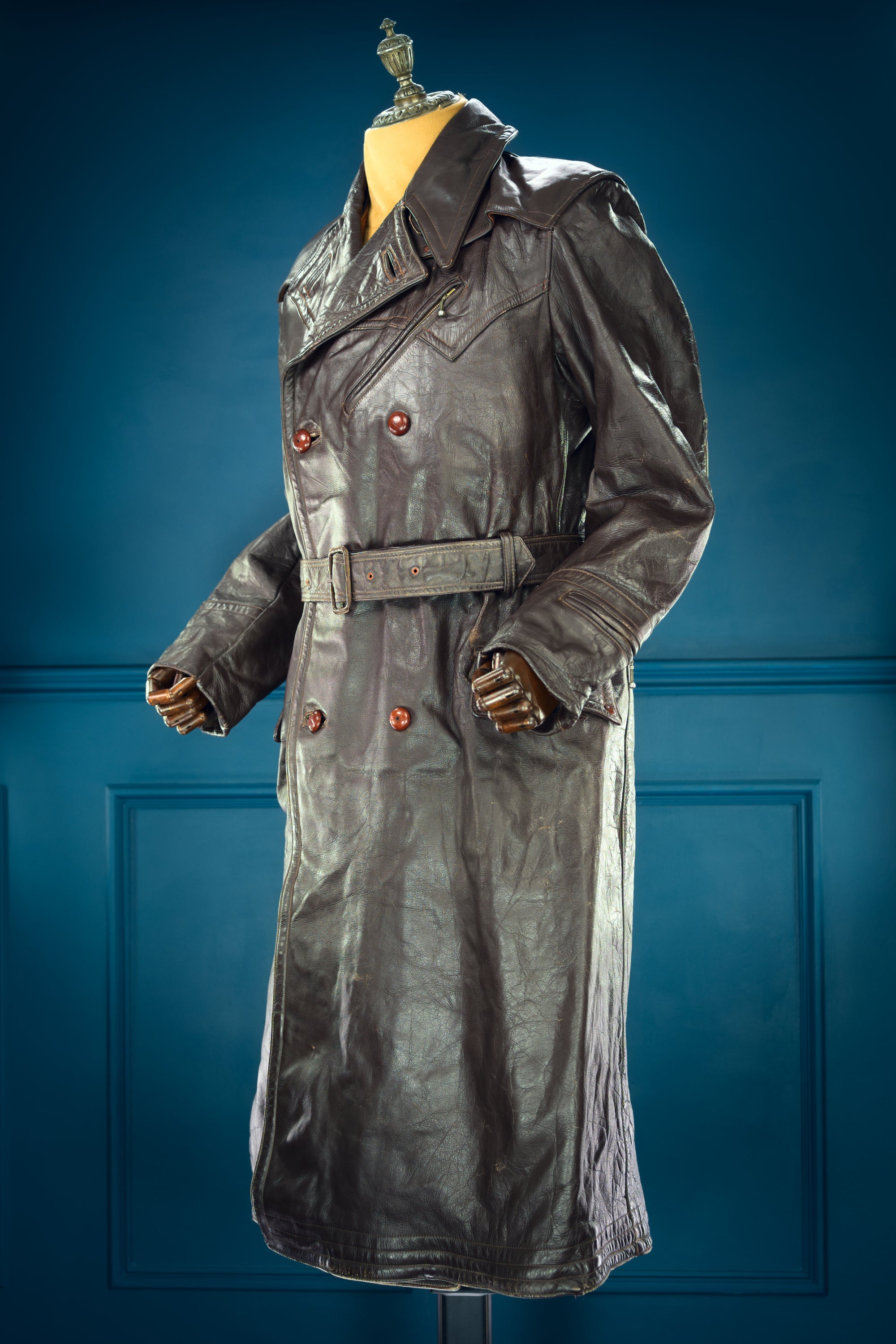 Vintage 1940s Dutch Horsehide Post-WW2 Police Great Coat Rider Leather Jacket “M