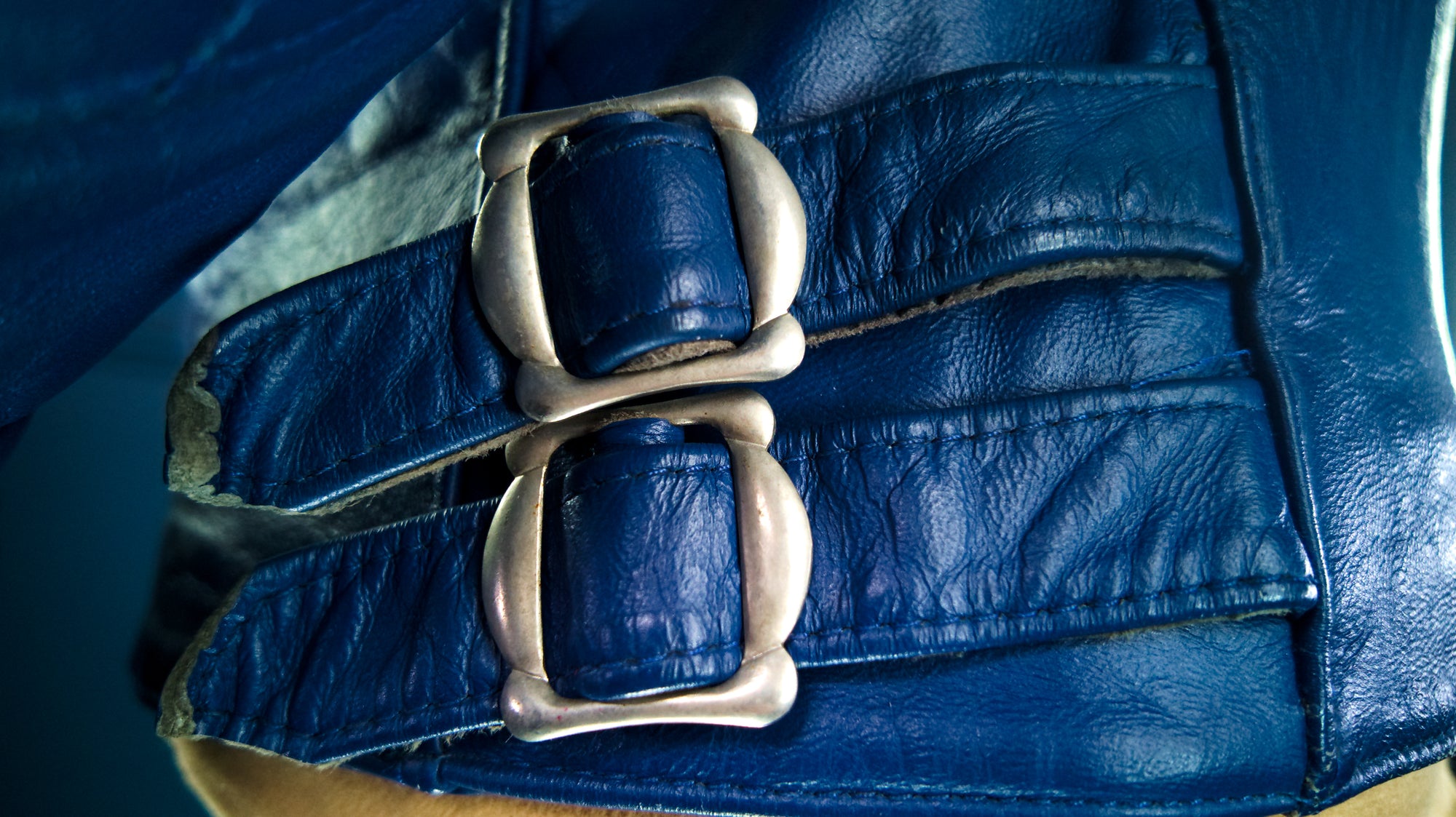 Vintage 1970s TT Leathers British Sheepskin Blue Racer Biker Leather Jacket “M”