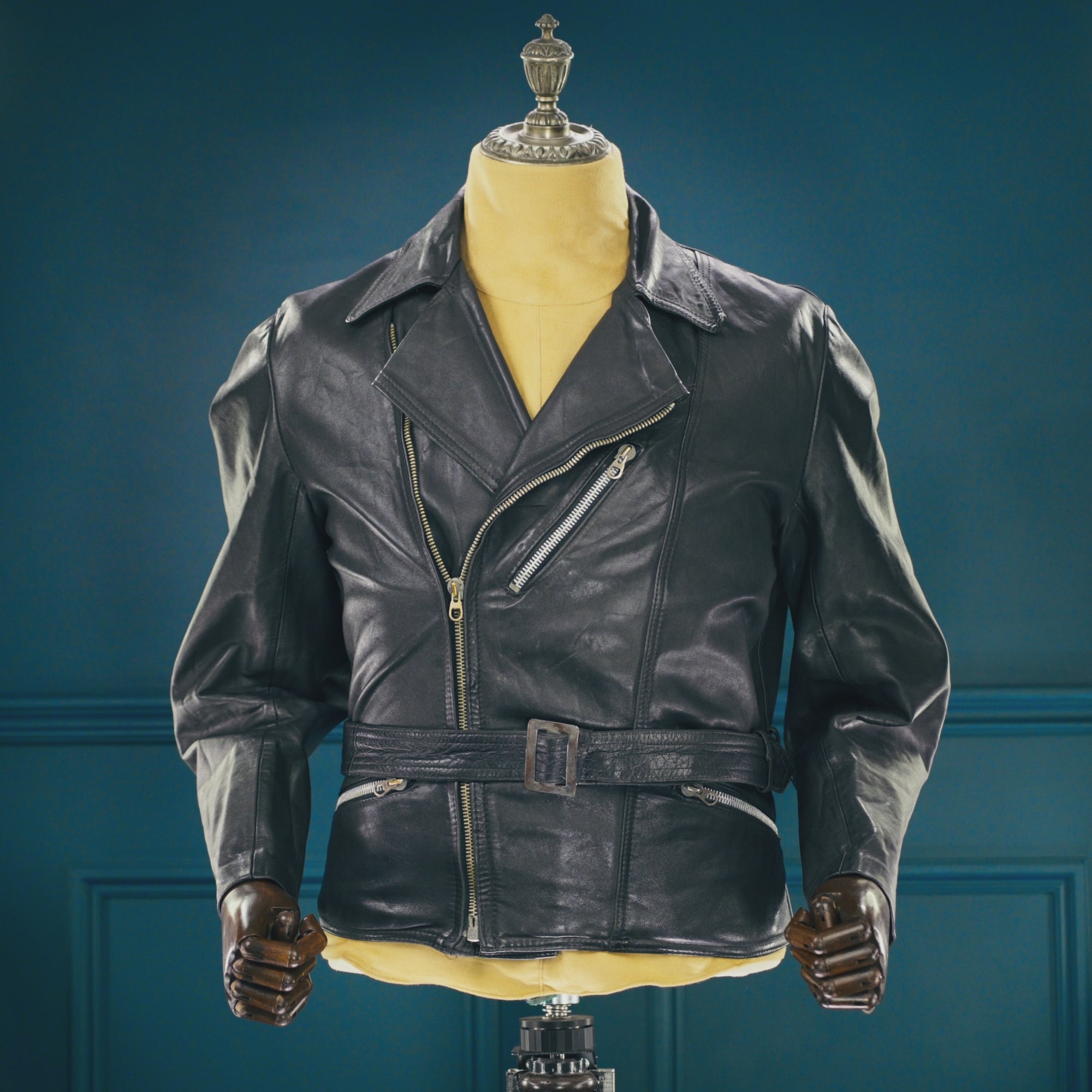 Vintage 1950s West German Lambskin Aviator Biker Flight Black Leather Jacket “M”