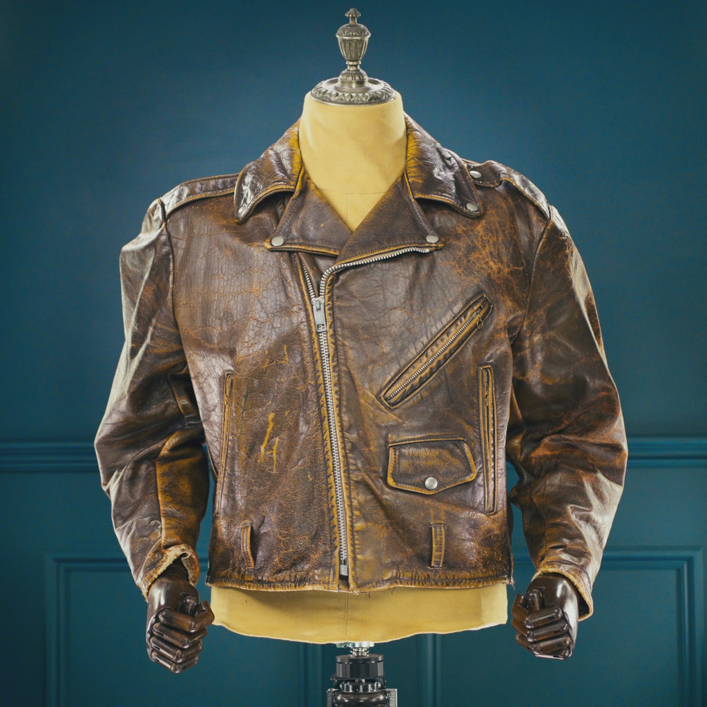 Vintage 1960s American Brown Steerhide Distressed Biker Rider Leather Jacket “L”