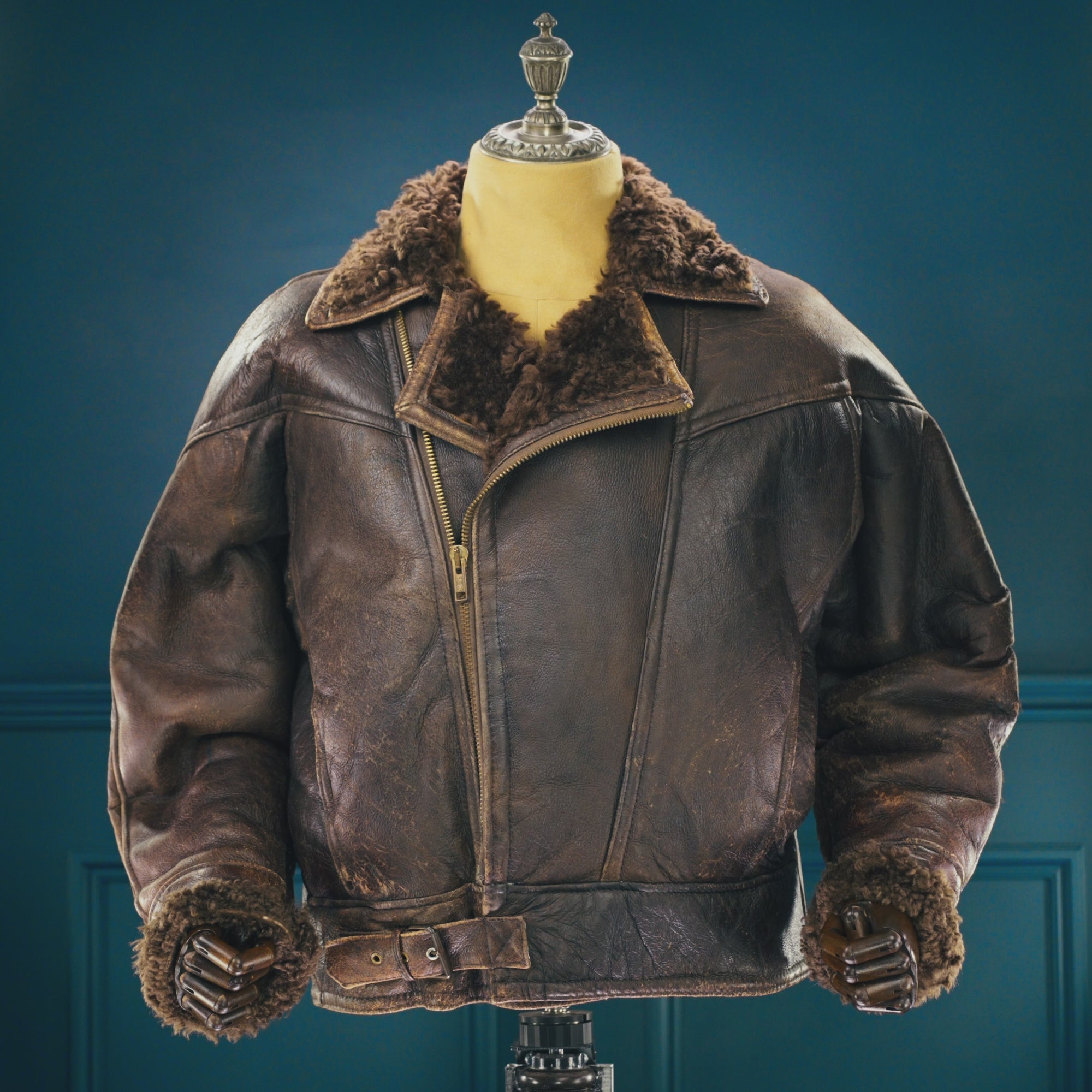 Vintage 1980s British Sheepskin Crosszip Flight Bomber Leather Jacket “XL"