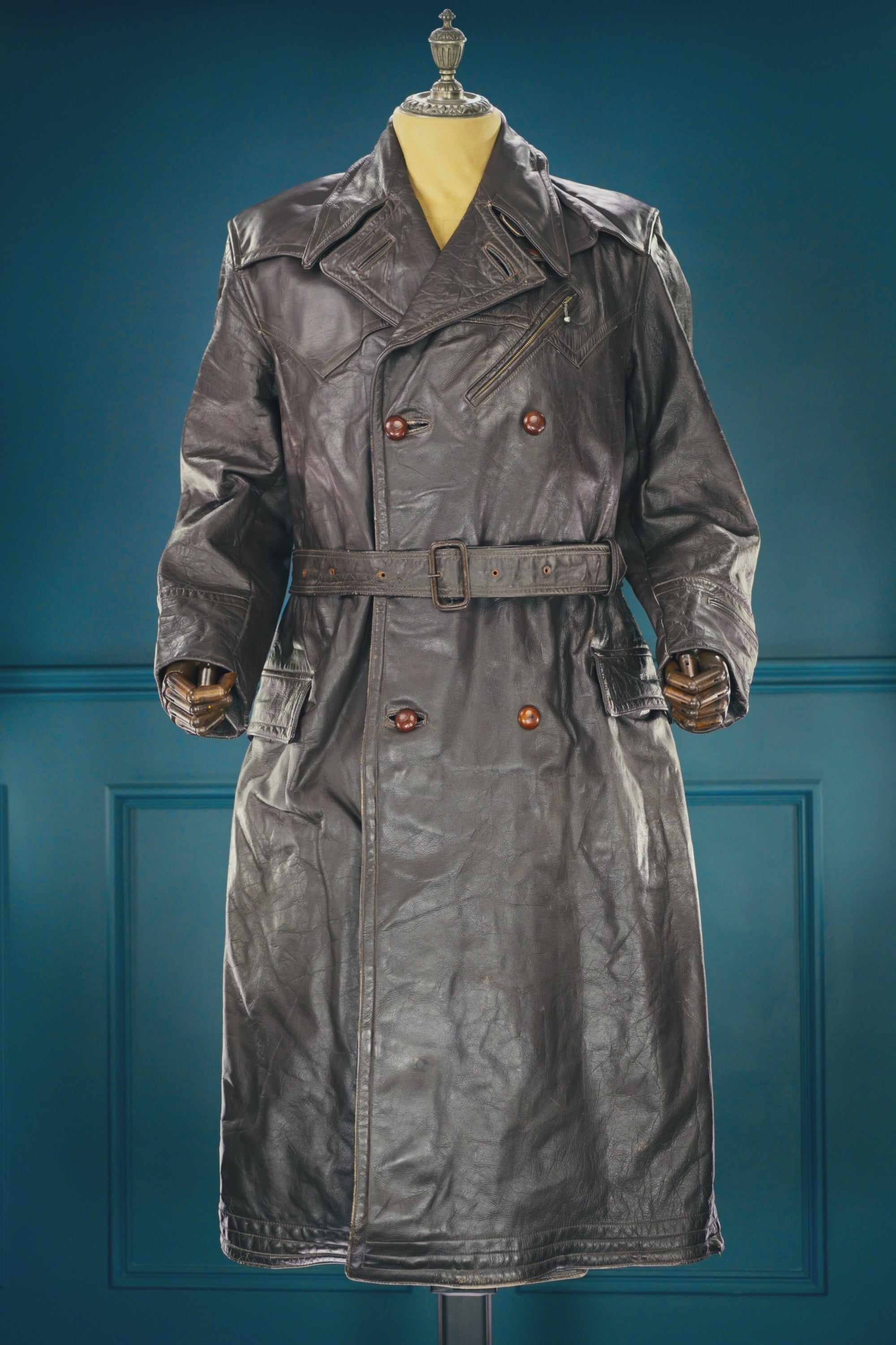 Vintage 1940s Dutch Horsehide Post-WW2 Police Great Coat Rider Leather Jacket “M